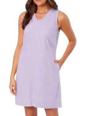BRIGGS NEW YORK Linen Viscose Blend Sleeveless Sheath Dress Ruffle V-Neck Sz L